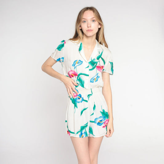 80s Tropical Floral White Romper Playsuit Puff Sleeve High Waist Small S
