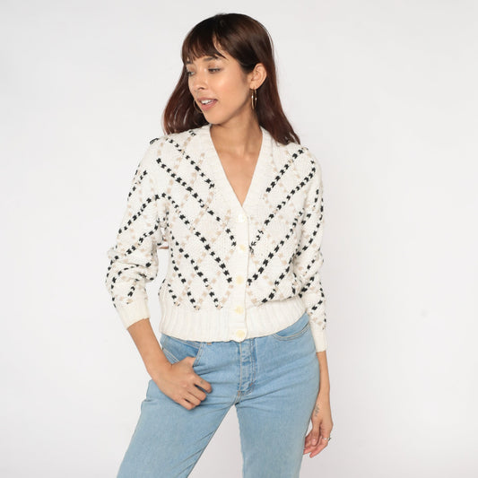 80s White Cardigan Sweater Diamond Textured Knit Black Tan Medium M