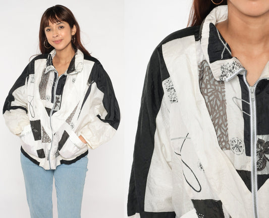 90s Abstract Floral Windbreaker Black White Nylon Zip Jacket Large L