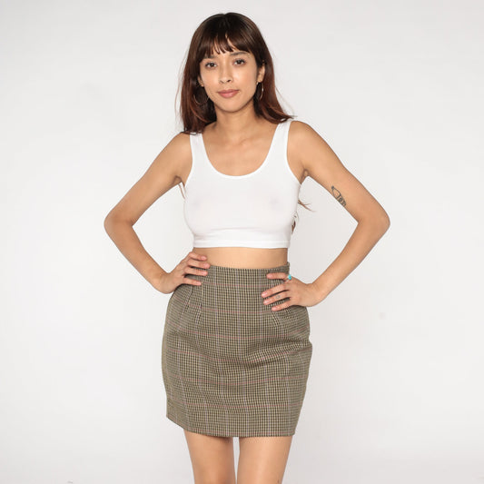 90s Houndstooth Mini Pencil Skirt Brown High Waist Small S