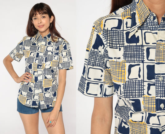 70s Abstract Checkered Button-Up Blouse Pointed Collar Blue White Yellow Small