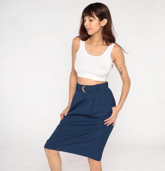 80s Navy Pencil Skirt High Waisted Knee Length Belted Small