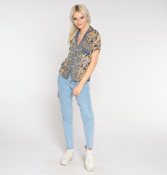90s Batik Floral Button-Up Blouse Blue Yellow Short Sleeve Small