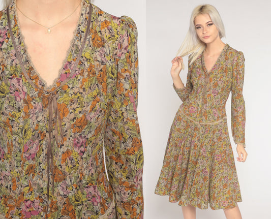 70s Floral Puff Sleeve Dress Knee Length Multicolor Print Medium M