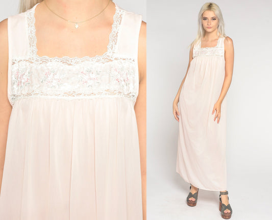 90s Light Pink Nylon Maxi Nightgown Lace Bib Sleeveless Small