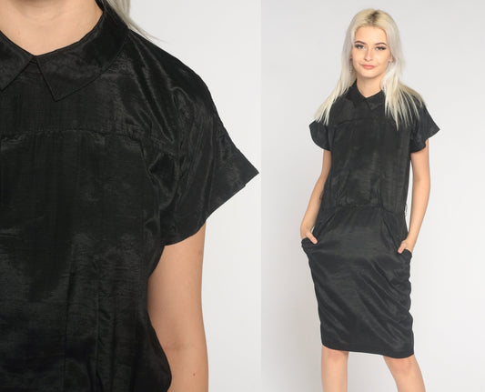 90s Black Shiny Shift Dress Collared Mini Pockets Short Sleeve Medium 8
