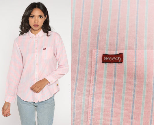 90s Sasson Striped Button-Up Blouse Pink Blue Long Sleeve Extra Large