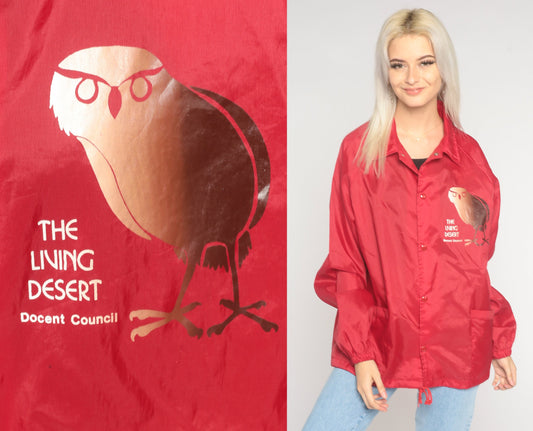 90s The Living Desert Owl Windbreaker Red Nylon Snap Jacket Medium