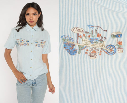90s Gardening Embroidered Button Up Shirt Blue White Striped Small