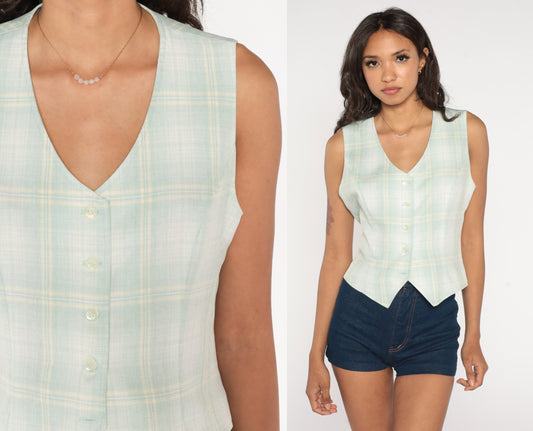 70s Green White Plaid Button-Up Vest Sleeveless Waistcoat Small