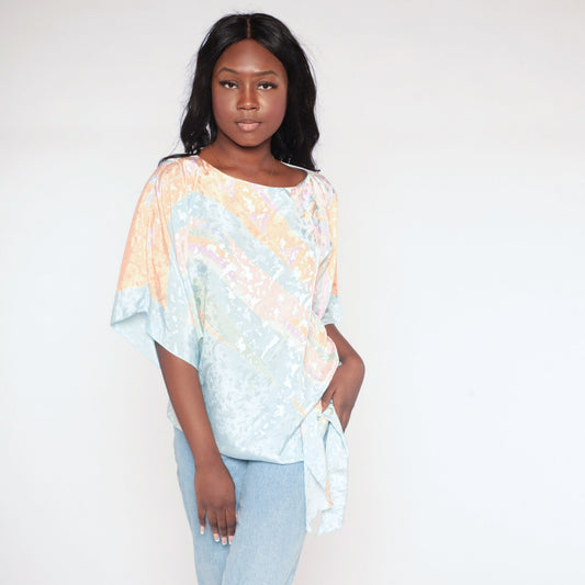 80s Pastel Striped Blouse Blue Orange Embossed Wide Sleeve Side Tie Medium