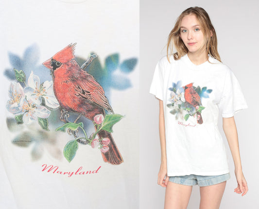 90s Maryland Northern Cardinal Graphic T-Shirt Red Bird Tee Large L