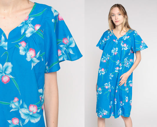 80s Blue Floral Shift Dress Flutter Sleeve Midi Large