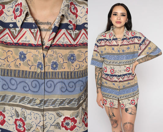 90s Floral Geometric Print Button-Up Blouse Blue Beige Short Sleeve Medium