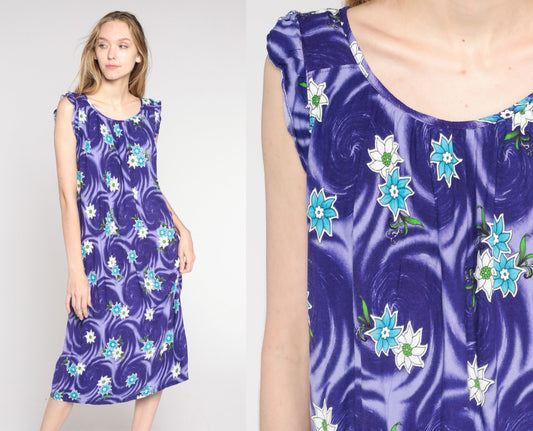 00s Purple Floral Swirl Midi Shift Dress Cap Sleeve Large L