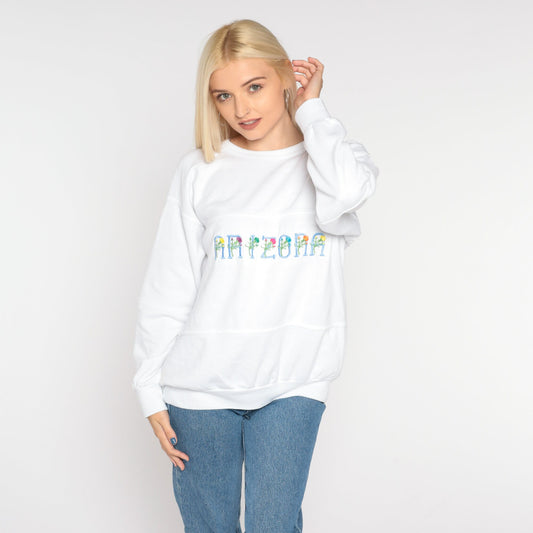 90s Arizona Floral Embroidered Sweatshirt White Raglan Crewneck Large L