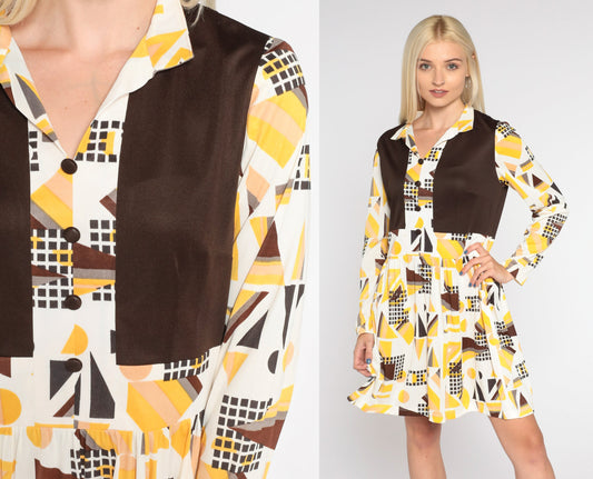 70s Mod Geometric Op Art Mini Dress Collared V-Neck White Brown Medium