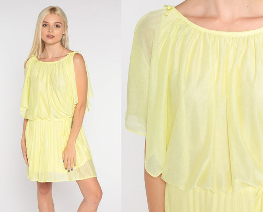 70s Yellow Mini Dress Pleated High Waist Draped Slit Sleeve Small Medium
