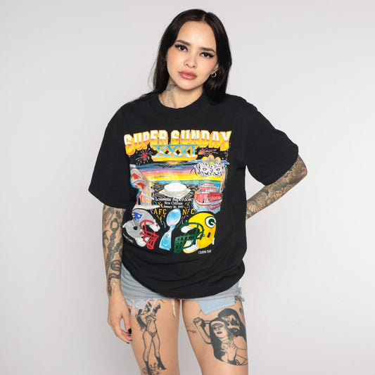 1997 Super Bowl XXXI Packers vs Patriots NFL Tee Black Cotton Medium