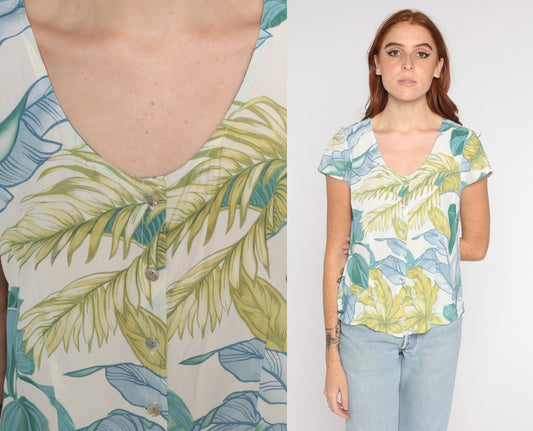 00s Tropical Leaf Button-Up Blouse White Blue Green Rayon Short Sleeve Small S