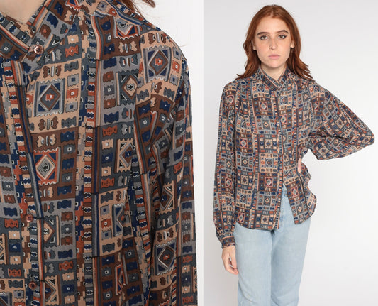 80s Geometric Print Button Up Blouse Mandarin Collar Balloon Sleeve Medium
