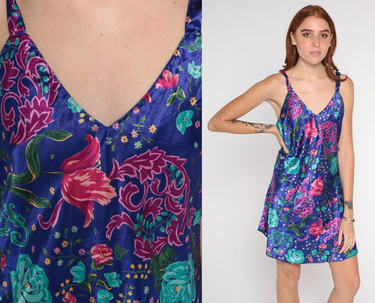 00s Floral Blue Mini Slip Dress Sleeveless V-Neck Nightgown Small Medium