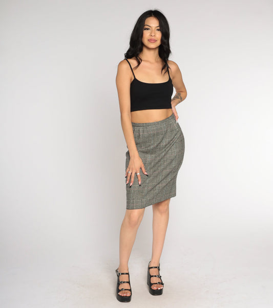 60s Houndstooth Wool Pencil Skirt High Waisted Mini Checkered Small