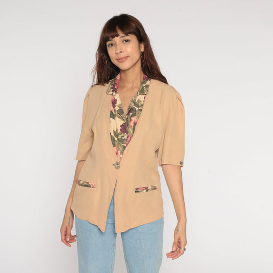 90s Tan Floral Button-Up Blouse Short Sleeve V-Neck Trim Large L