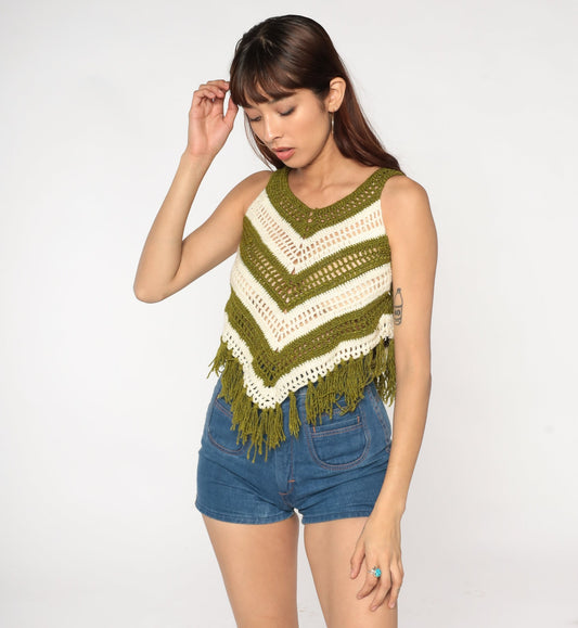 70s Striped Knit Tank Top Green Cream Fringe Sleeveless XXS