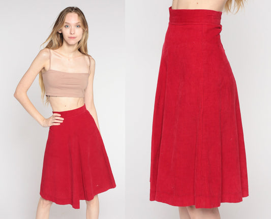 60s Red Corduroy Midi Skirt High Waisted Flared A-Line XXS