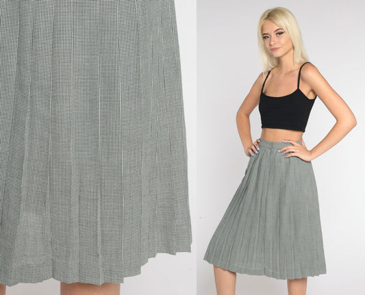 80s Houndstooth Pleated Midi Skirt Black White High Waist Extra Small