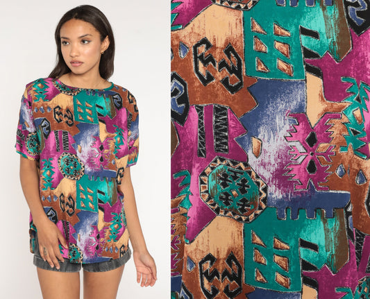 90s Geometric Southwest Blouse Short Sleeve Jewel Tone Rayon Large L