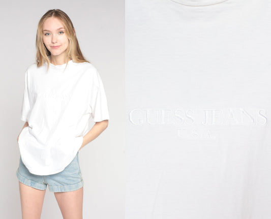 00s Guess Jeans Embroidered Logo T-Shirt White Cotton Medium M