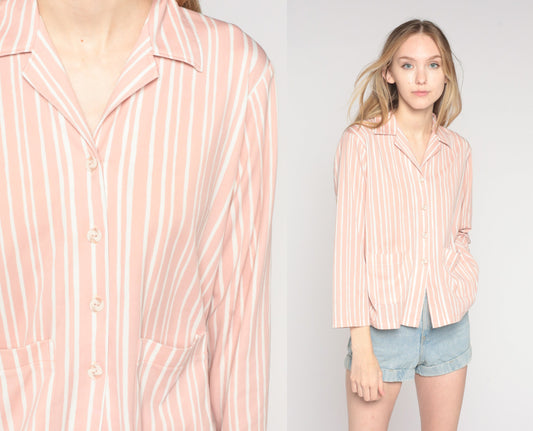 70s Pink White Striped Button-Up Blouse Long Sleeve Collared Pocket Shirt Large