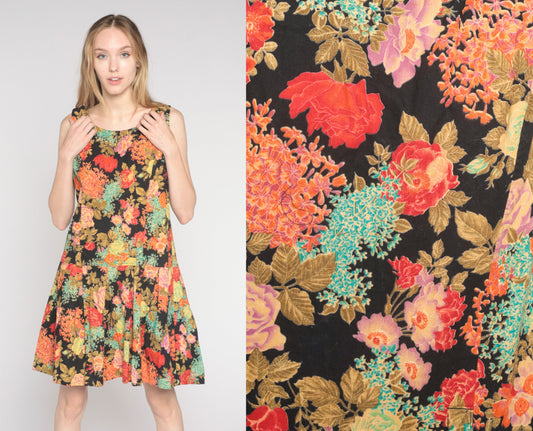80s Joni Blair Floral Mini Dress Drop Waist Pleated Sleeveless Black Cotton Medium Large