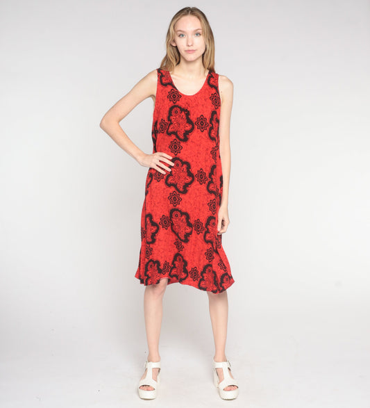 Y2K Red Tropical Floral Midi Dress Sleeveless Tent Cut 00s Sundress Medium M