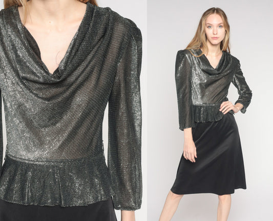 80s Silver Metallic Peplum Midi Dress Cowl Neck Puff Sleeve Small