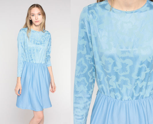 70s Blue Mini Dress Embossed Leaf Print High Waist Long Sleeve Small S