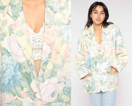 90s Floral Blazer Yellow Pastel Flower Print Single Button Jacket Large