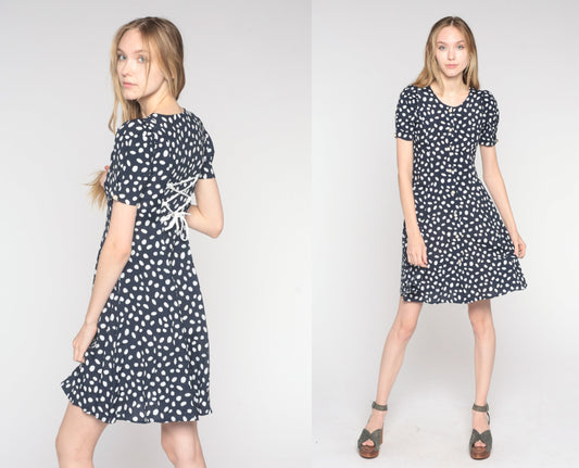 90s Navy Polka Dot Puff Sleeve Mini Dress Button Up Rayon Extra Small