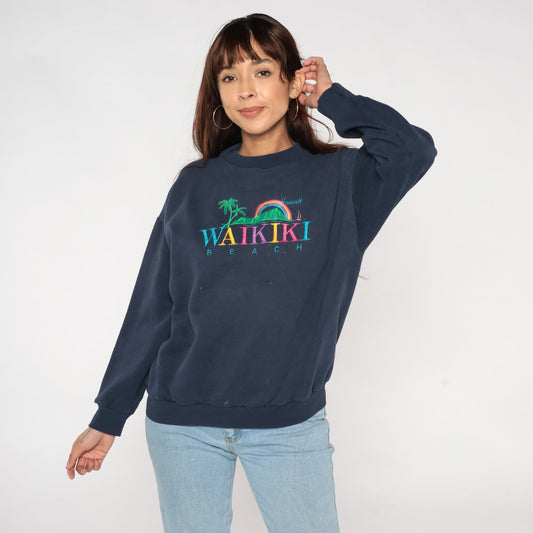 90s Waikiki Beach Hawaii Embroidered Sweatshirt Navy Crewneck Large L