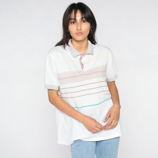 80s Striped Polo Shirt White Multicolor Collared Short Sleeve Medium Large