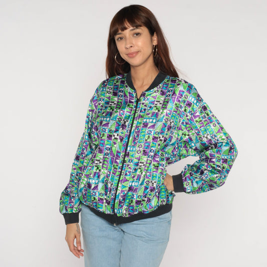 90s Geometric Bomber Jacket Blue Green Purple Zip Windbreaker Men's Medium