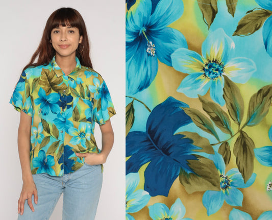 Y2K Liz Claiborne Tropical Floral Button-Up Blouse Blue Green Hibiscus Large L