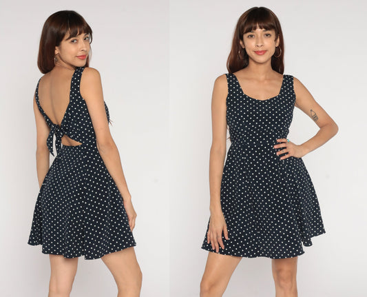 Y2K Black White Polka Dot Mini Dress Sleeveless Cutout Small S