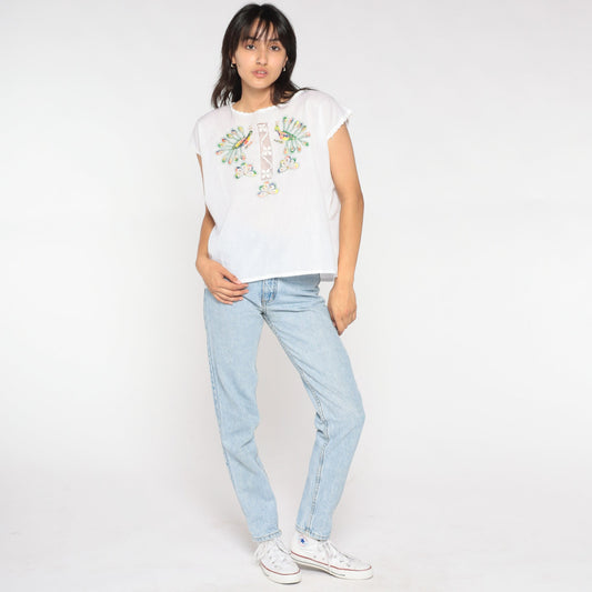 90s White Peacock Embroidered Blouse Metallic Cutout Cap Sleeve Medium