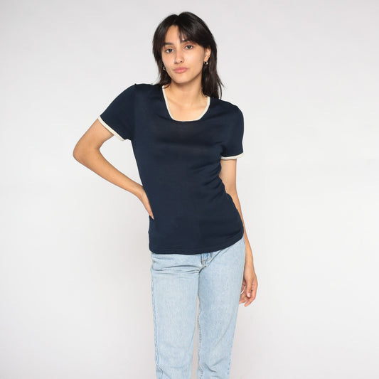 00s Navy Silk Knit Top Short Sleeve White Trim Small S