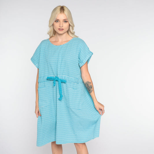 70s Blue White Striped Shift Dress Drawstring Waist Mini Short Sleeve Large