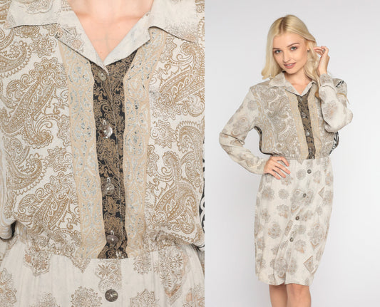 90s Carole Little Paisley Tile Print Dress Tan Collared Pencil Knee Length Small