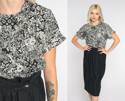 90s Black White Silk Midi Pencil Dress Abstract Floral Paisley Print Small 6